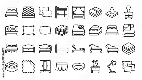 Canvastavla Bedroom furniture line icon set with bed and pillow