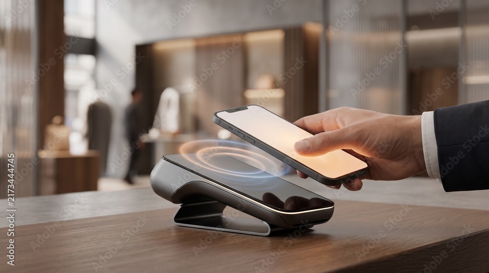 Fototapeta premium Businessman using smartphone for contactless payment on wireless charging pad in modern office