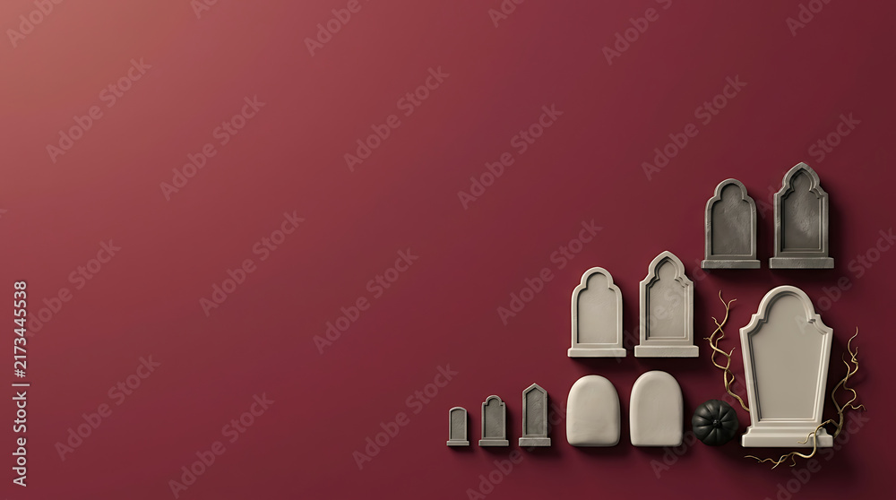 Obraz premium 3D Halloween graveyard background with miniature tombstones on a dark red surface.