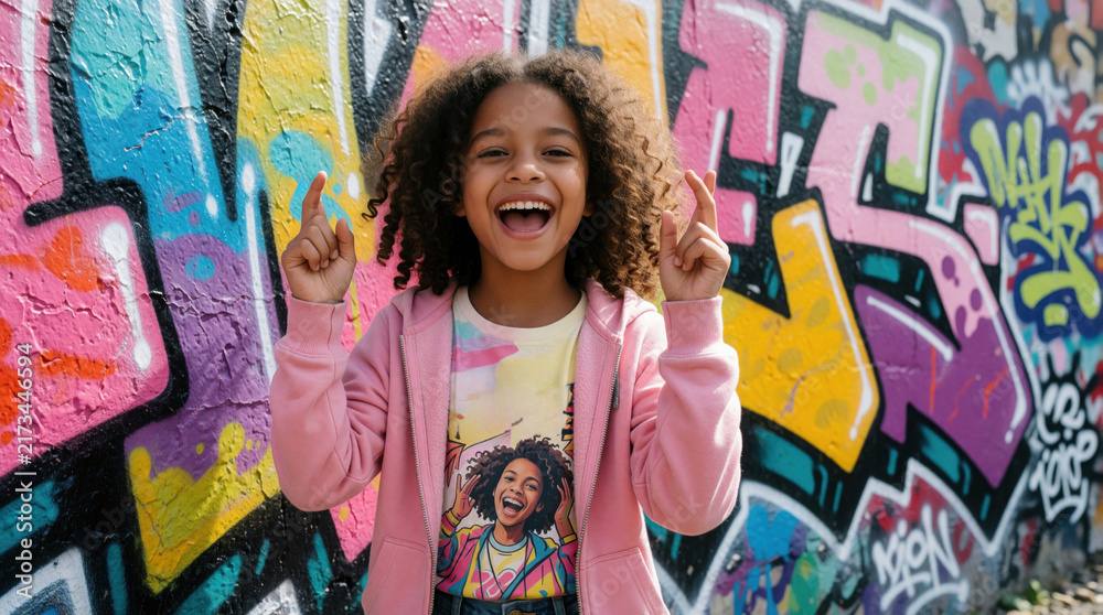Fototapeta premium Happy young girl snaps fingers outdoor near bright graffiti wall, smiling broadly. Wears colorful shirt, pink hoodie, showing joy, fun. Natural midday light illuminates scene, vibrant urban culture.