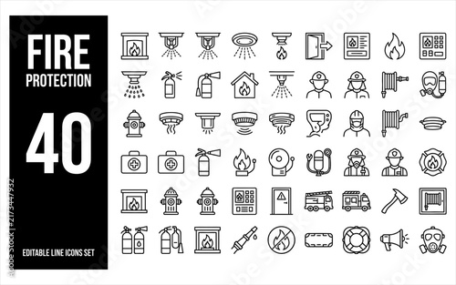Fotografie Fire protection set with thin line icons for safety systems and emergency services including fire extinguishers sprinklers and firefighters