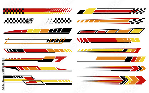 Racing stripes decals set in red orange yellow and black colors for car and motorcycle body graphics.