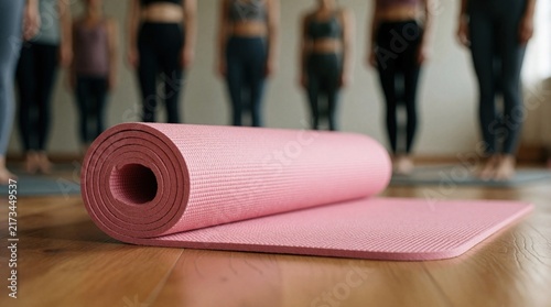 Pink yoga mat lies unrolled on wood studio floor. People stand in background during group fitness class. Calm atmosphere prepares for session.