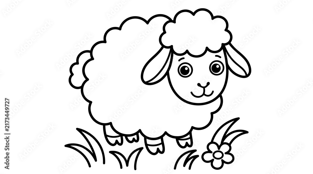 Obraz premium A cute fluffy sheep standing in a meadow for a fun children coloring page activity and creative learning