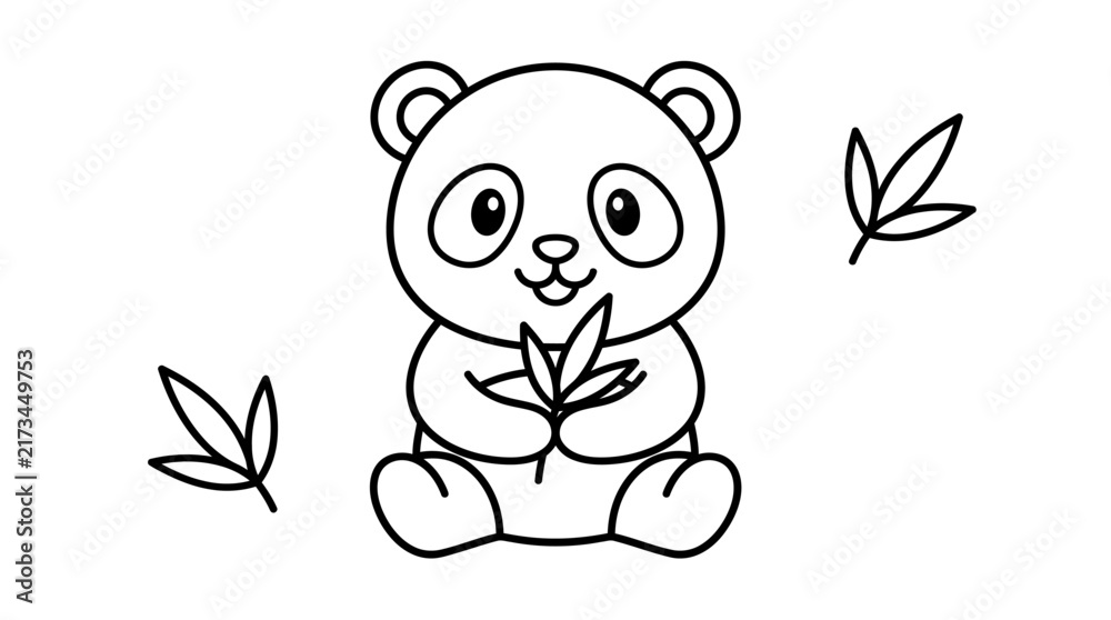 Fototapeta premium Cute little panda bear sitting and holding bamboo leaves in a simple black and white coloring page design