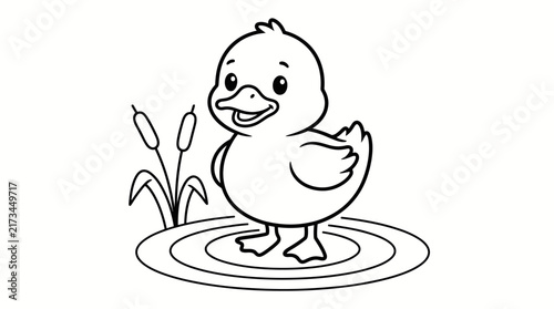 Принти на полотні A cute little duckling standing in a pond for a fun children coloring page activ