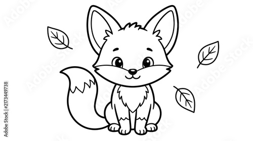 Cute little fox sitting with autumn leaves in a simple black and white line art coloring page design