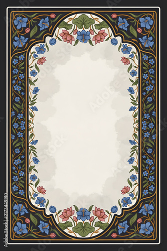 Art nouveau floral frame with blue and pink flowers
