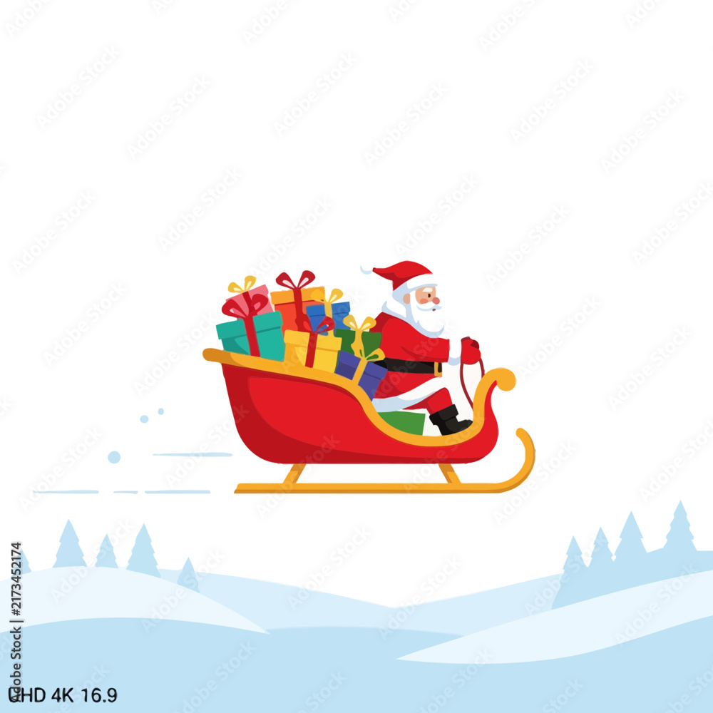 Naklejka premium Santa Claus riding a red sleigh full of gifts over snow