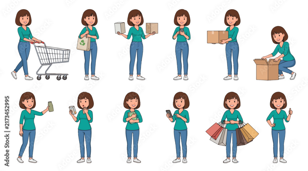 Fototapeta premium Vector set of a young woman character in different shopping, delivery, and daily life poses isolated on white