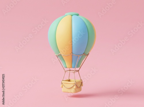 Colorful hot air balloon on a pastel pink background 3d rendering illustration