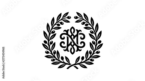Elegant Monogram Heraldry Emblem with Olive Branch Wreath Vector Illustration