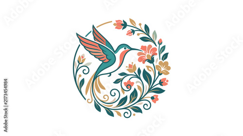 Elegant Hummingbird Illustration with Floral Wreath and Decorative Ornaments in Circular Design