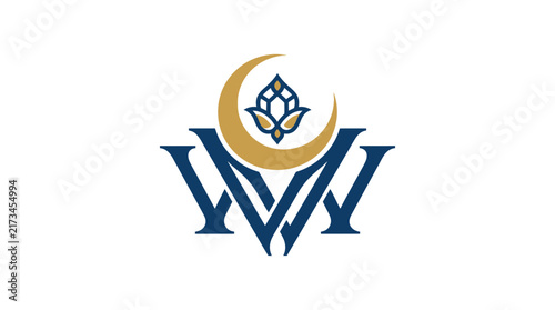 Elegant Islamic Style Logo Featuring Crescent Moon and Geometric Flower with Monogram