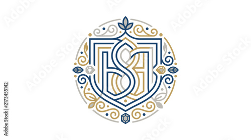 Elegant Luxury Monogram Emblem with Ornate Vintage Filigree and Shield Elements