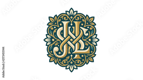 Elegant Luxury Monogram with Intertwined Letters J S and L in Vintage Floral Frame