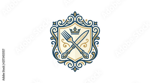 Elegant Luxury Restaurant Logo with Crossed Fork Knife and Crown in Heraldic Shield Design