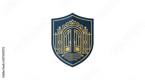 Elegant Luxury Real Estate Shield Emblem with Golden Mansion Gate