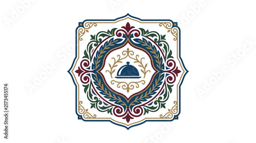 Elegant Luxury Restaurant Catering Emblem with Food Cloche and Ornate Wreath