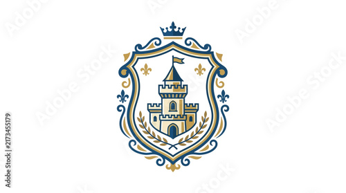 Elegant Medieval Heraldic Crest with Castle Tower Shield and Royal Crown