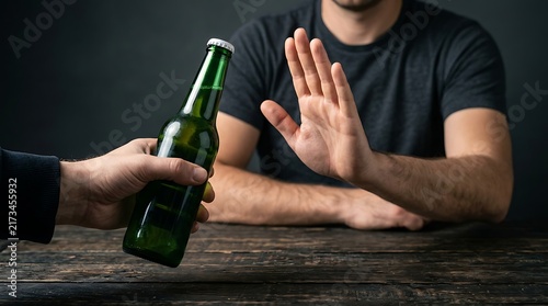Man refusing alcohol drink by raising hand in gesture of denial, rejecting beer bottle offered by another person at wooden table, concept of sobriety and healthy lifestyle.
