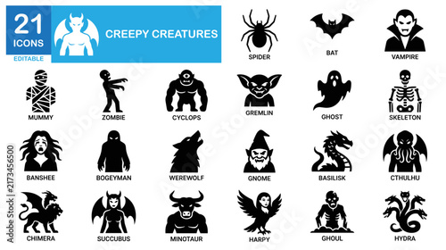 Spooky monster and creepy creature icon set. Horror, myth, Halloween vectors.