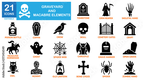 Graveyard and macabre icon set. Spooky cemetery, tombstone, dark death vectors.