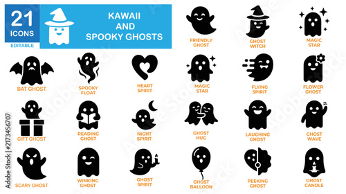 Kawaii and spooky ghost icon set. Cute phantom, creepy spirit, adorable halloween vectors.