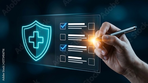 Healthcare insurance checklist being ticked off with digital pen on futuristic interface displaying medical shield symbol of protection and wellness concept.