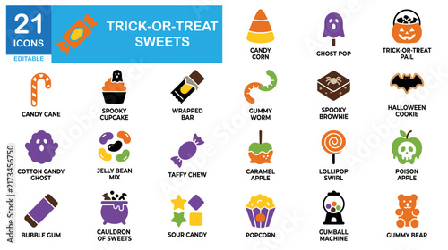 Trick or treat candy icon set. Halloween sweets, chocolate bars, festive sugar vectors.
