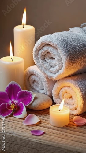 Spa still life with burning candles and decorative elements, concept of wellness, relaxation and aromatherapy