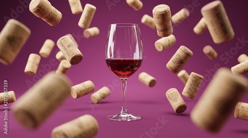 Obraz na płótnie Red wine glass surrounded by falling corks on purple background.