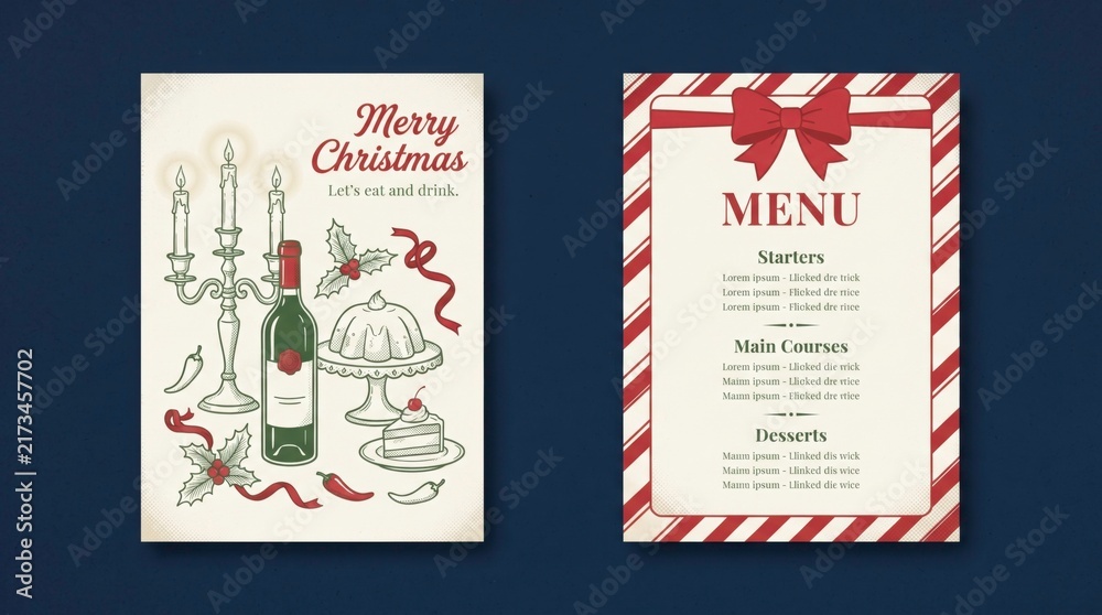 Fototapeta premium Christmas Menu Design: A charming illustration depicts a festive Christmas menu, featuring a candelabra, wine bottle, and cake, complemented by a separate menu card adorned with a red ribbon.