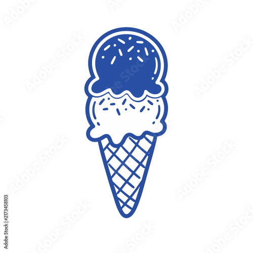Blue outline icon of a double scoop ice cream cone with sprinkles isolated on white background