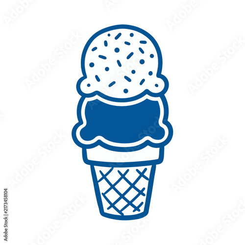 Blue line art icon of a double scoop ice cream cone with sprinkles, vector graphic for food service