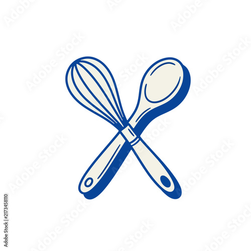 Crossed Blue Kitchen Whisk and Spoon Vector Illustration for Cooking and Baking Design
