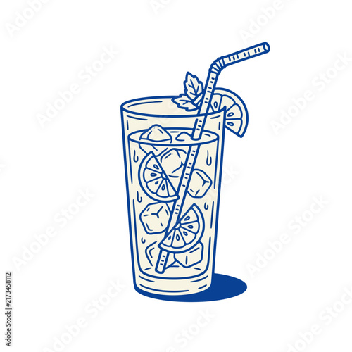Hand drawn blue line art illustration of a refreshing iced cocktail glass with lemon slices mint and a straw