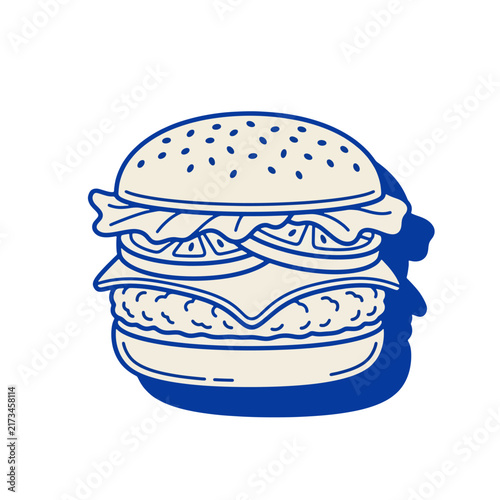 Retro Vintage Line Art Burger Illustration with Cheese Lettuce Tomato Sesame Bun Icon Isolated on White Background