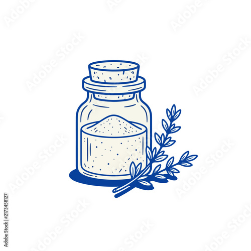 Hand Drawn Sketch of a Glass Spice Jar with Herb Sprigs for Culinary and Natural Aromatherapy Essential Oil Ingredients