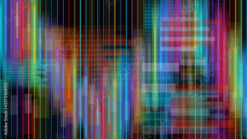 Abstract digital background with colorful vertical light streaks and data grid patterns.