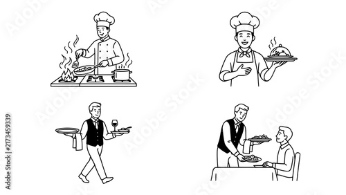 Set of line art illustrations featuring professional chefs and restaurant waiters serving food