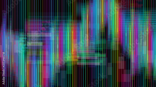 Abstract digital glitch background with vertical colorful light spectrum lines and noise.