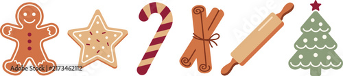 Set of cute watercolor christmas baking elements including a gingerbread man star candy cane cinnamon sticks rolling pin tree
