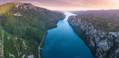 Quadro su tela Aerial view of the Danube river winding through the dramatic Iron Gates gorge, s