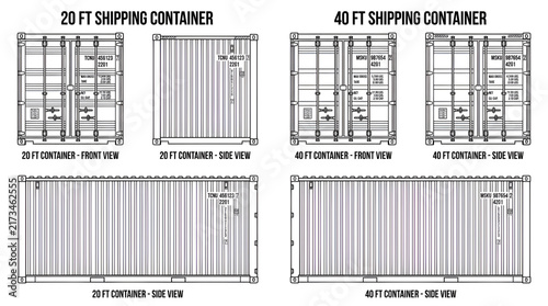 Vector Line Art Illustration of Shipping Containers Side and Front Views