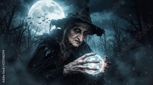 Mysterious Witch and Crystal Ball: An eerie witch with a pointed hat and dark attire holds a glowing crystal ball under a full moon, amidst a spooky forest backdrop.