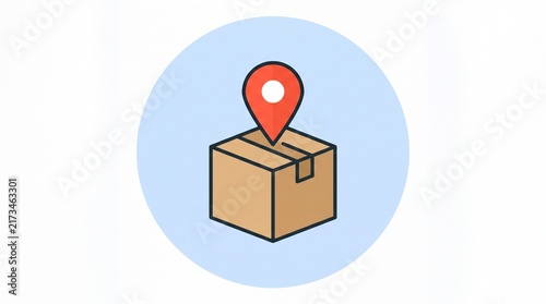 Minimalist icon of a cardboard delivery package with a red geolocation map pin marker centered on a soft blue circular background for logistics, shipping, transportation, and e-commerce concepts