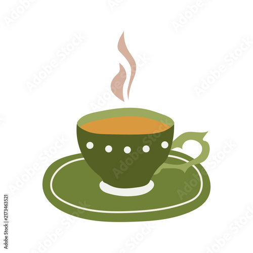 A green vintage cup of hot tea on a saucer. A hand-drawn style vector clip art element on a transparent background.