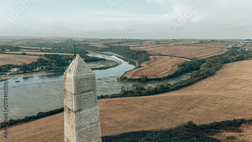 Canvas Print Aerial View of Dennis Hill Obelisk War Memorial Overlooking Camel Estuary, Padst