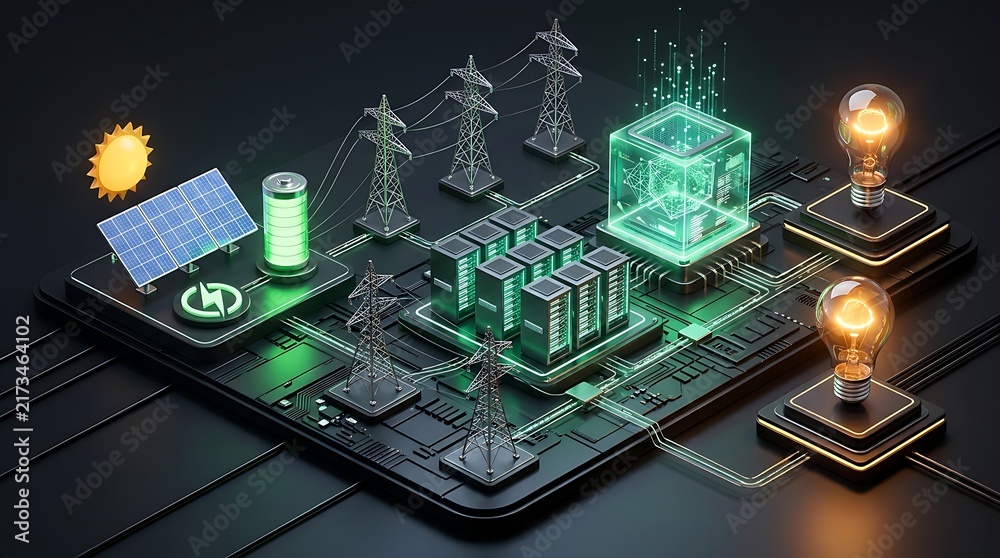 Obraz premium Smart energy infrastructure concept featuring solar panels battery bank data servers power lines and light bulbs on electronic board.